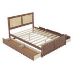 Lit Plateforme Antique Espresso / Rotin Naturel avec 4 Tiroirs, Grand Lit/Grand Lit Queen, 1 Place