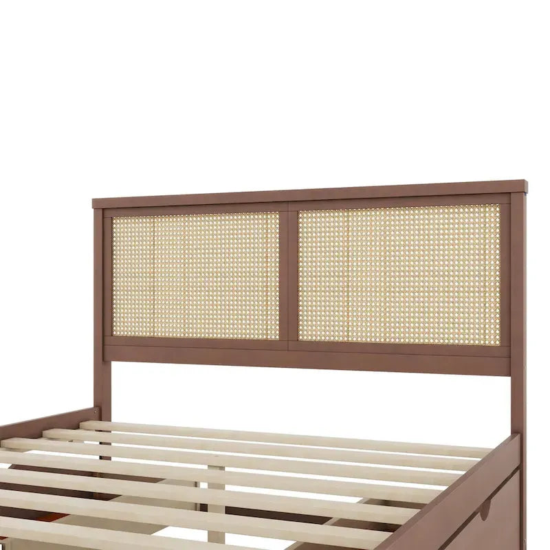 Lit Plateforme Antique Espresso / Rotin Naturel avec 4 Tiroirs, Grand Lit/Grand Lit Queen, 1 Place