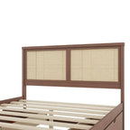 Lit Plateforme Antique Espresso / Rotin Naturel avec 4 Tiroirs, Grand Lit/Grand Lit Queen, 1 Place