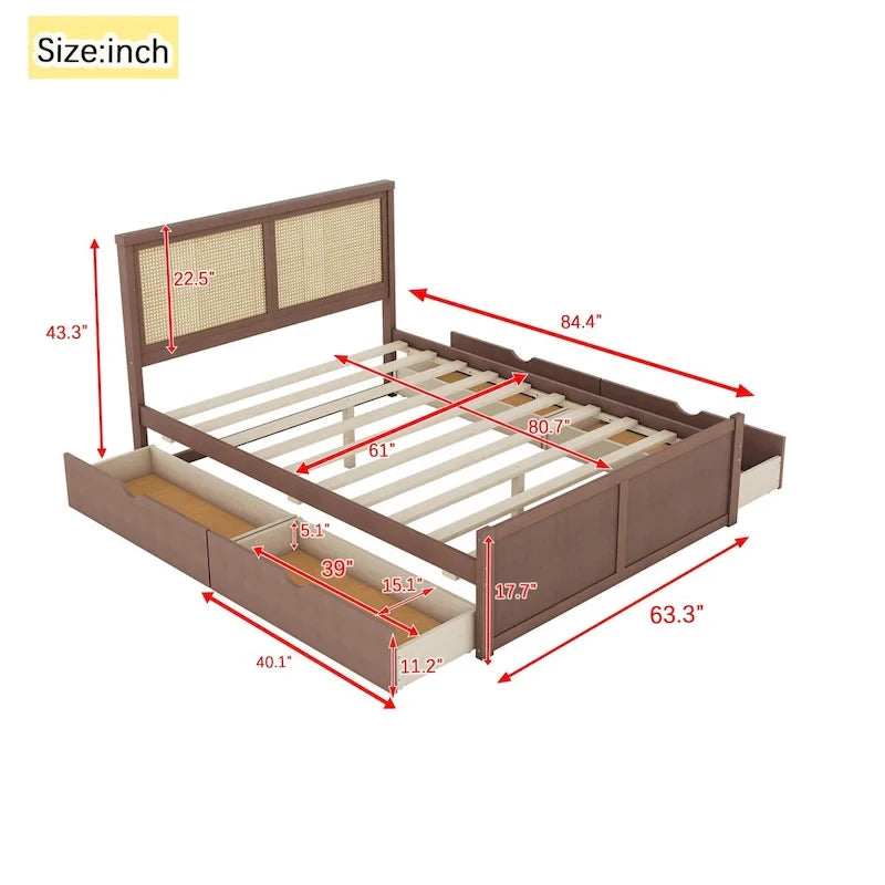 Lit Plateforme Antique Espresso / Rotin Naturel avec 4 Tiroirs, Grand Lit/Grand Lit Queen, 1 Place