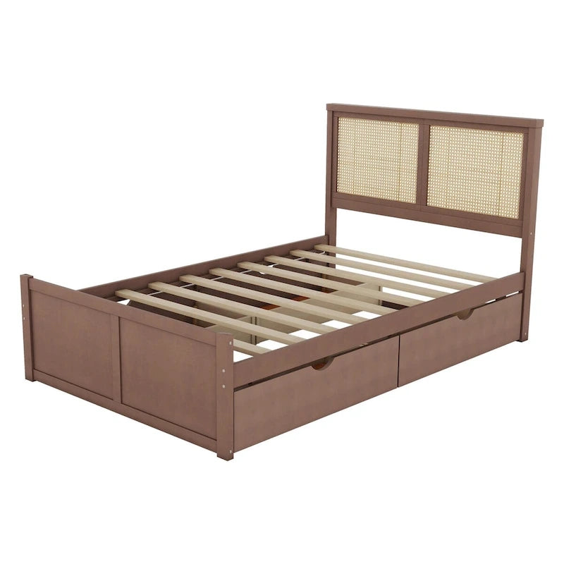 Lit Plateforme Antique Espresso / Rotin Naturel avec 4 Tiroirs, Grand Lit/Grand Lit Queen, 1 Place