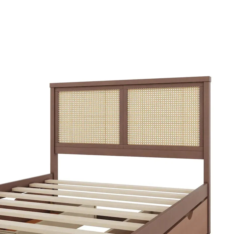 Lit Plateforme Antique Espresso / Rotin Naturel avec 4 Tiroirs, Grand Lit/Grand Lit Queen, 1 Place