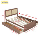 Lit Plateforme Antique Espresso / Rotin Naturel avec 4 Tiroirs, Grand Lit/Grand Lit Queen, 1 Place