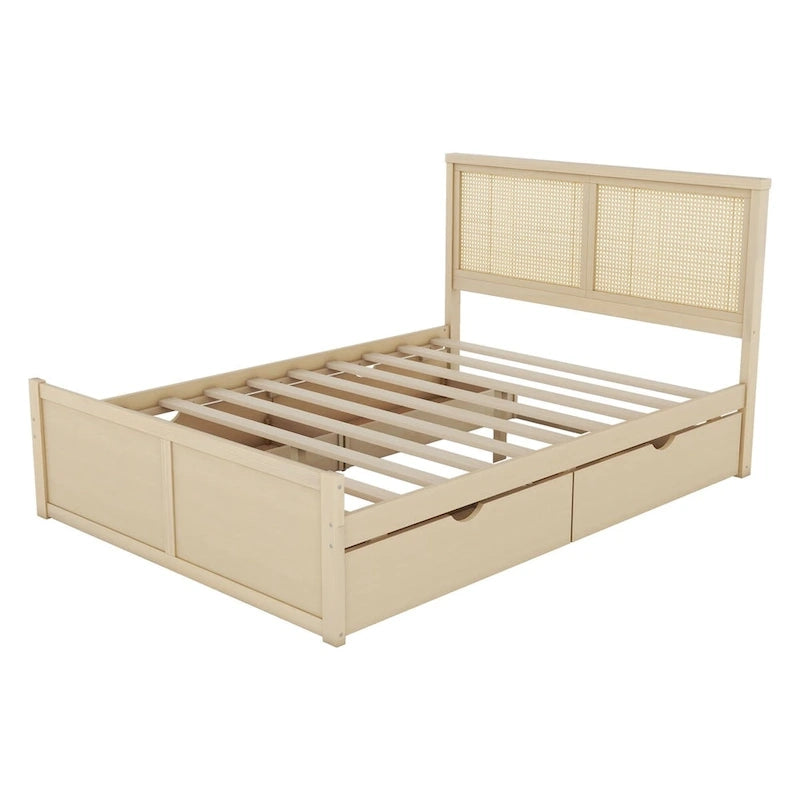 Lit Plateforme Antique Espresso / Rotin Naturel avec 4 Tiroirs, Grand Lit/Grand Lit Queen, 1 Place
