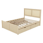 Lit Plateforme Antique Espresso / Rotin Naturel avec 4 Tiroirs, Grand Lit/Grand Lit Queen, 1 Place