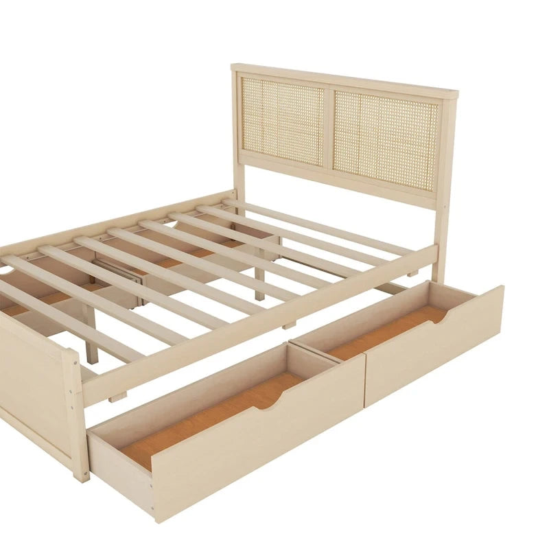 Lit Plateforme Antique Espresso / Rotin Naturel avec 4 Tiroirs, Grand Lit/Grand Lit Queen, 1 Place