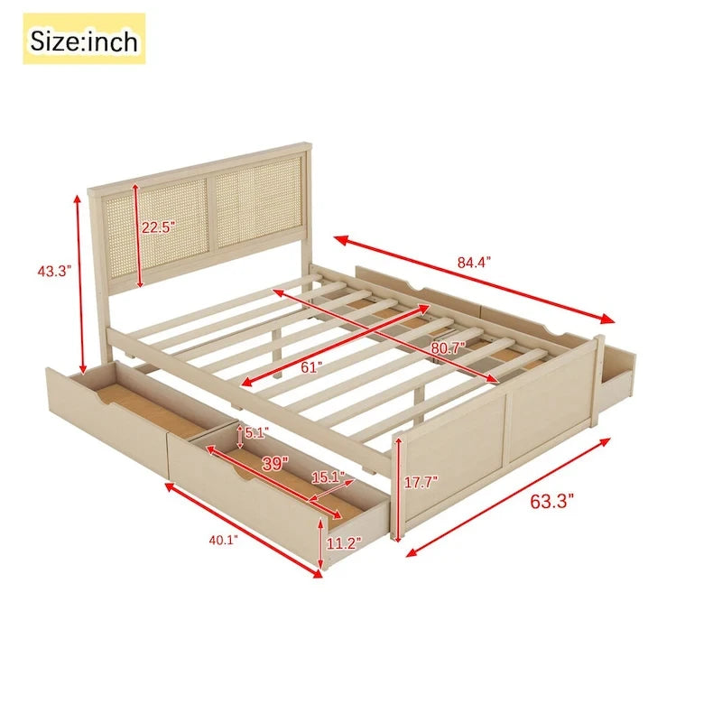 Lit Plateforme Antique Espresso / Rotin Naturel avec 4 Tiroirs, Grand Lit/Grand Lit Queen, 1 Place
