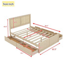 Lit Plateforme Antique Espresso / Rotin Naturel avec 4 Tiroirs, Grand Lit/Grand Lit Queen, 1 Place