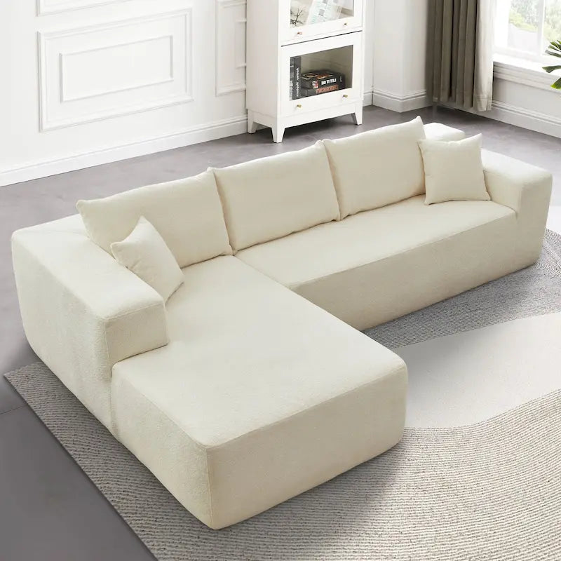 Canapé modulable en forme de L avec méridienne — Camel / Blanc / Vert velours / Gris peluche / Beige peluche / Noir peluche — 2 pièces