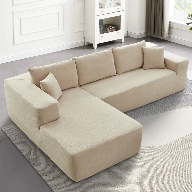 Canapé modulable en forme de L avec méridienne — Camel / Blanc / Vert velours / Gris peluche / Beige peluche / Noir peluche — 2 pièces
