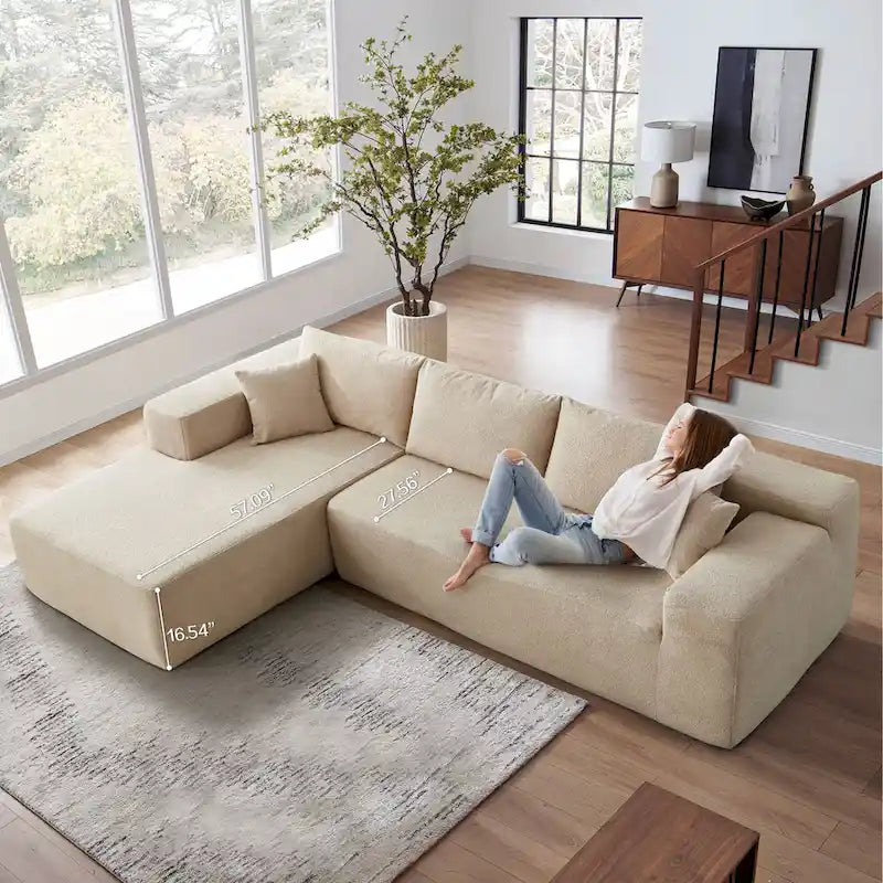 Canapé modulable en forme de L avec méridienne — Camel / Blanc / Vert velours / Gris peluche / Beige peluche / Noir peluche — 2 pièces