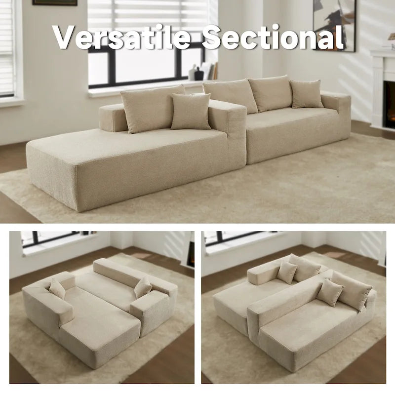 Canapé modulable en forme de L avec méridienne — Camel / Blanc / Vert velours / Gris peluche / Beige peluche / Noir peluche — 2 pièces