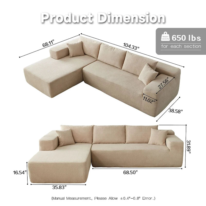 Canapé modulable en forme de L avec méridienne — Camel / Blanc / Vert velours / Gris peluche / Beige peluche / Noir peluche — 2 pièces