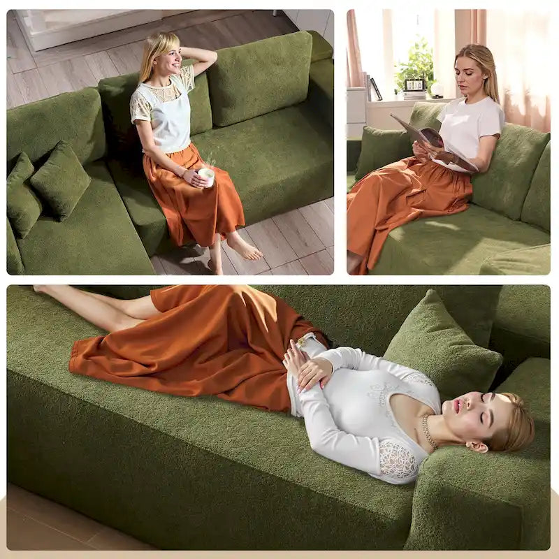 Canapé modulable en forme de L avec méridienne — Camel / Blanc / Vert velours / Gris peluche / Beige peluche / Noir peluche — 2 pièces