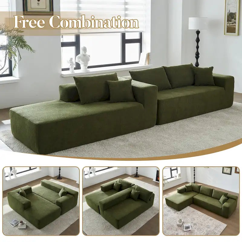 Canapé modulable en forme de L avec méridienne — Camel / Blanc / Vert velours / Gris peluche / Beige peluche / Noir peluche — 2 pièces