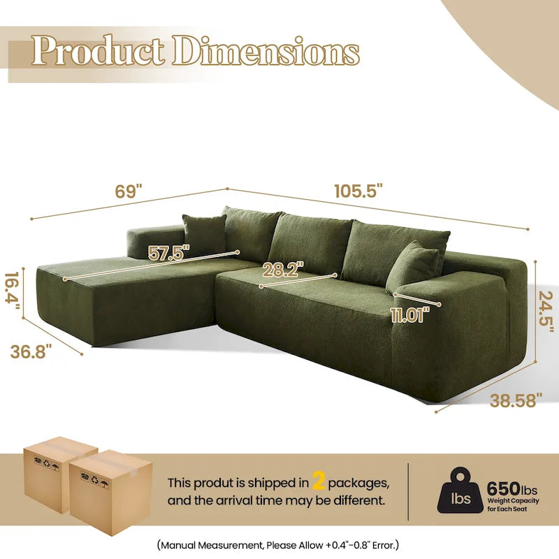 Canapé modulable en forme de L avec méridienne — Camel / Blanc / Vert velours / Gris peluche / Beige peluche / Noir peluche — 2 pièces