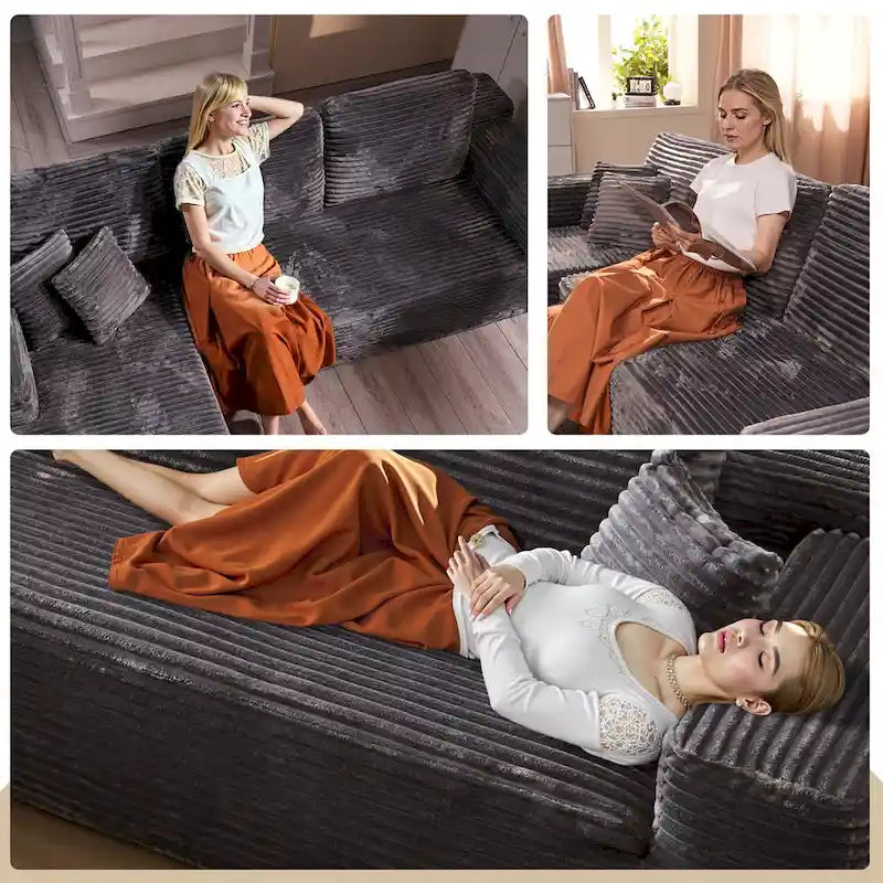 Canapé modulable en forme de L avec méridienne — Camel / Blanc / Vert velours / Gris peluche / Beige peluche / Noir peluche — 2 pièces