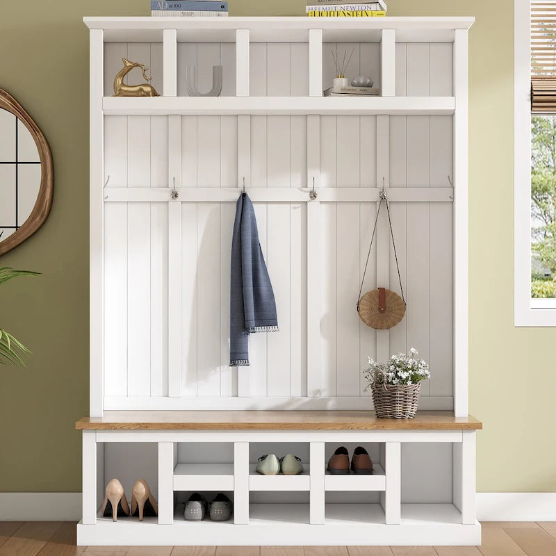 Meuble d'entrée 3-en-1 blanc avec banc, rangement à chaussures et porte-manteau
