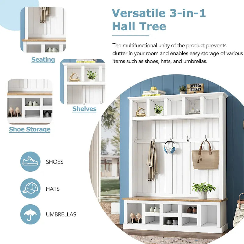 Meuble d'entrée 3-en-1 blanc avec banc, rangement à chaussures et porte-manteau