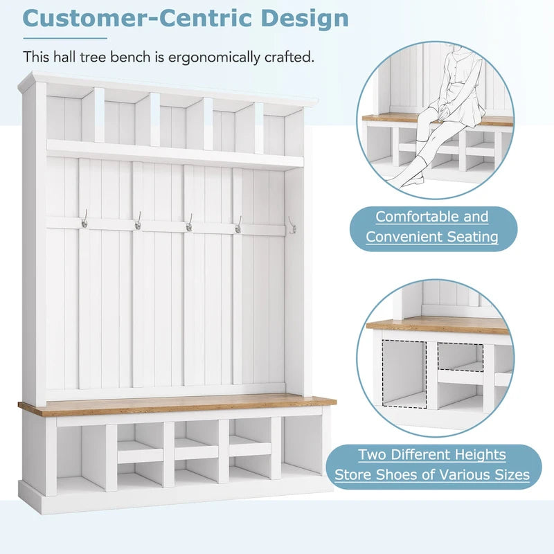 Meuble d'entrée 3-en-1 blanc avec banc, rangement à chaussures et porte-manteau