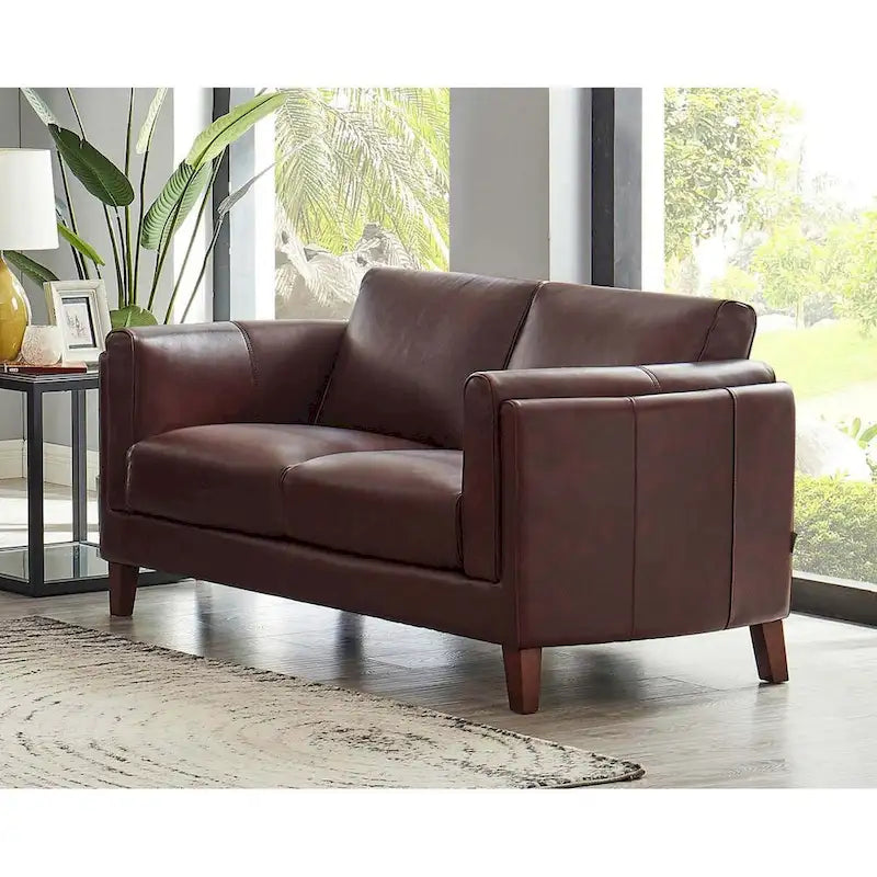 Causeuse en cuir pleine fleur, 2 places, brun cannelle / brun raisin