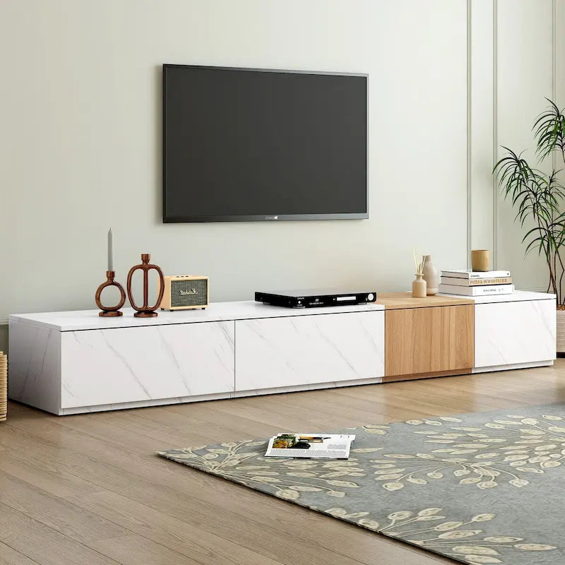 Meuble TV modulable blanc/noir avec 4 tiroirs, convient aux téléviseurs jusqu'à 88"