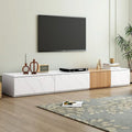 Meuble TV modulable blanc/noir avec 4 tiroirs, convient aux téléviseurs jusqu'à 88"