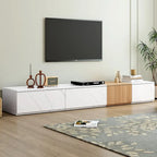 Meuble TV modulable blanc/noir avec 4 tiroirs, convient aux téléviseurs jusqu'à 88"