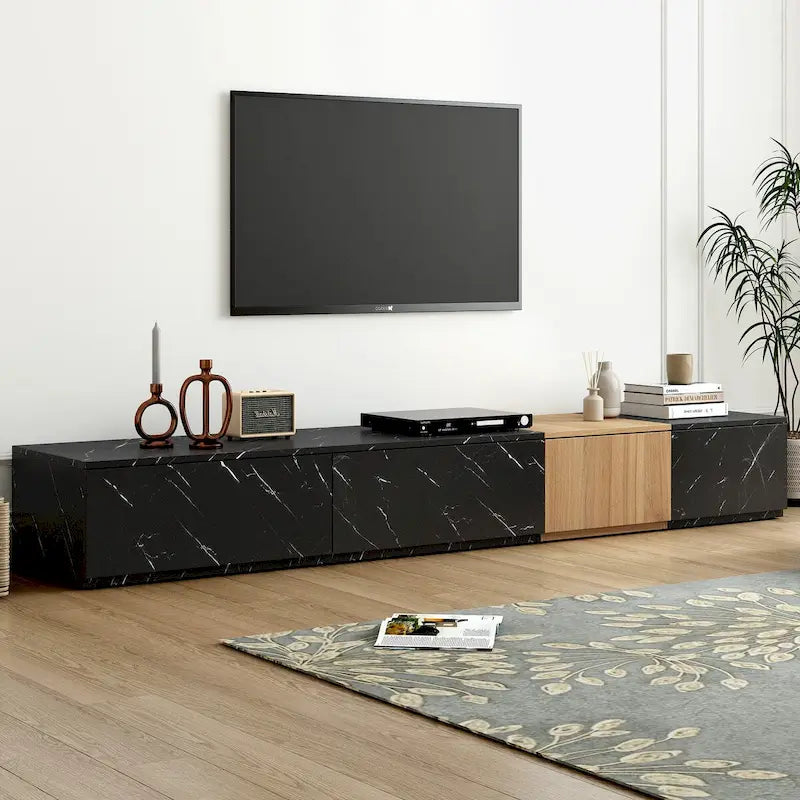Meuble TV modulable blanc/noir avec 4 tiroirs, convient aux téléviseurs jusqu'à 88"