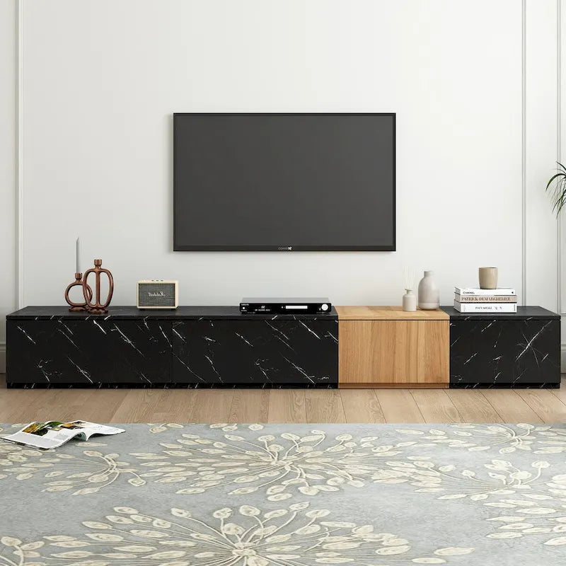 Meuble TV modulable blanc/noir avec 4 tiroirs, convient aux téléviseurs jusqu'à 88"