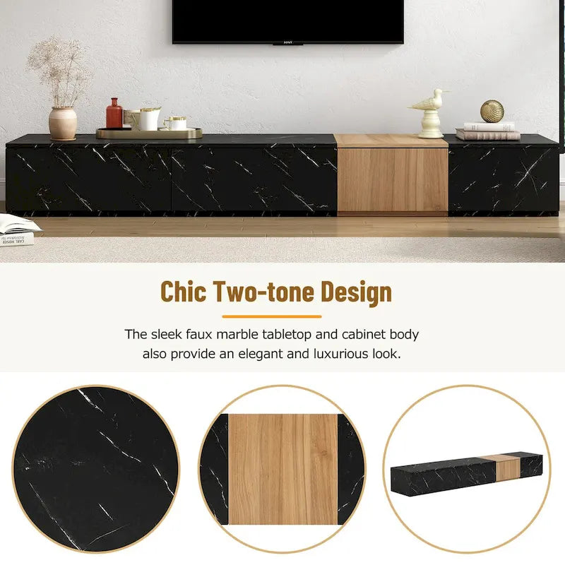 Meuble TV modulable blanc/noir avec 4 tiroirs, convient aux téléviseurs jusqu'à 88"