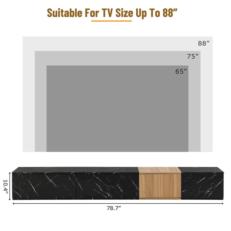Meuble TV modulable blanc/noir avec 4 tiroirs, convient aux téléviseurs jusqu'à 88"