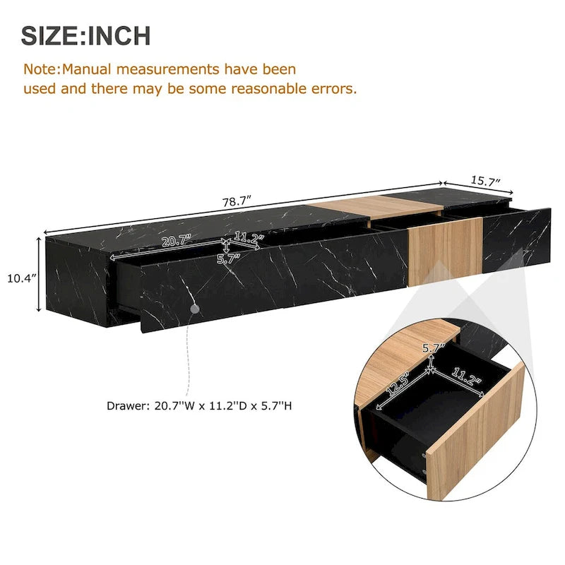Meuble TV modulable blanc/noir avec 4 tiroirs, convient aux téléviseurs jusqu'à 88"