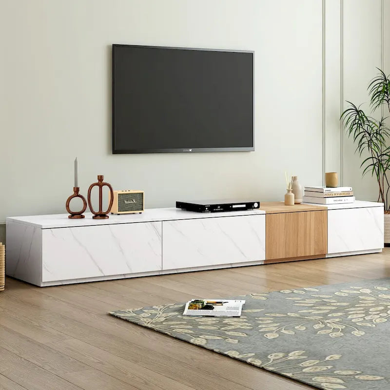 Meuble TV modulable blanc/noir avec 4 tiroirs, convient aux téléviseurs jusqu'à 88"