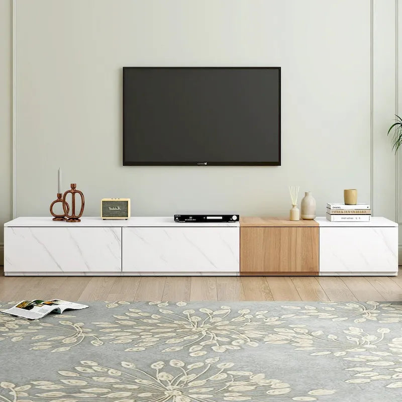 Meuble TV modulable blanc/noir avec 4 tiroirs, convient aux téléviseurs jusqu'à 88"