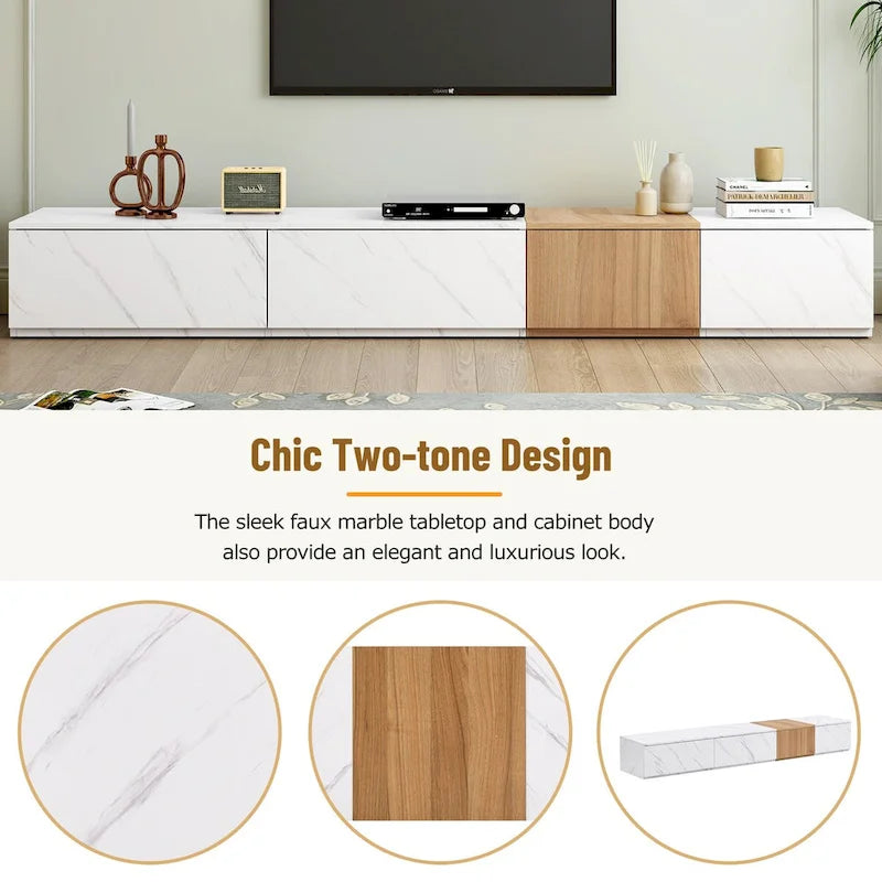 Meuble TV modulable blanc/noir avec 4 tiroirs, convient aux téléviseurs jusqu'à 88"