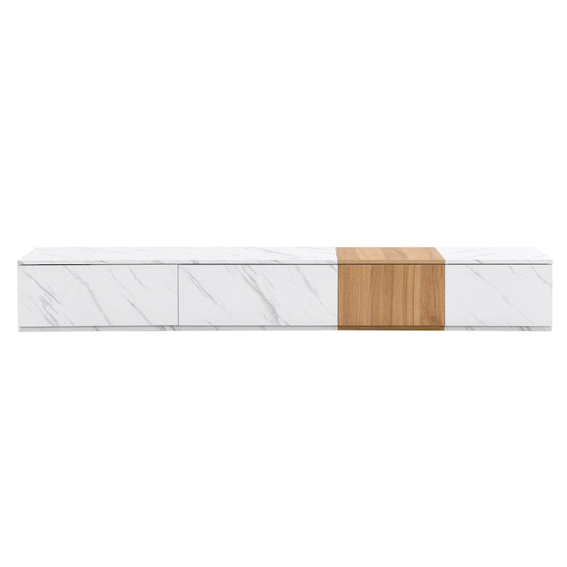 Meuble TV modulable blanc/noir avec 4 tiroirs, convient aux téléviseurs jusqu'à 88"