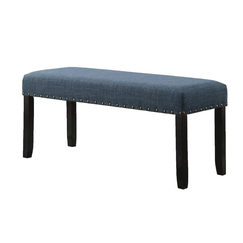 Banquette de salle à manger capitonnée grise/beige/bleue avec clous décoratifs — Pieds en bois massif