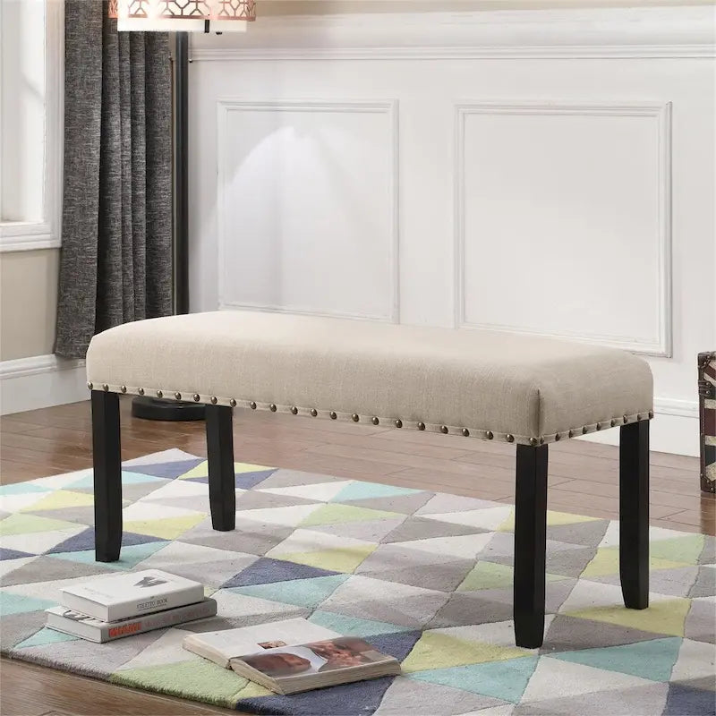Banquette de salle à manger capitonnée grise/beige/bleue avec clous décoratifs — Pieds en bois massif