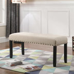 Banquette de salle à manger capitonnée grise/beige/bleue avec clous décoratifs — Pieds en bois massif