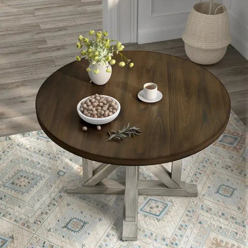 Table de salle à manger ronde en chêne foncé et blanc antique, 4 places