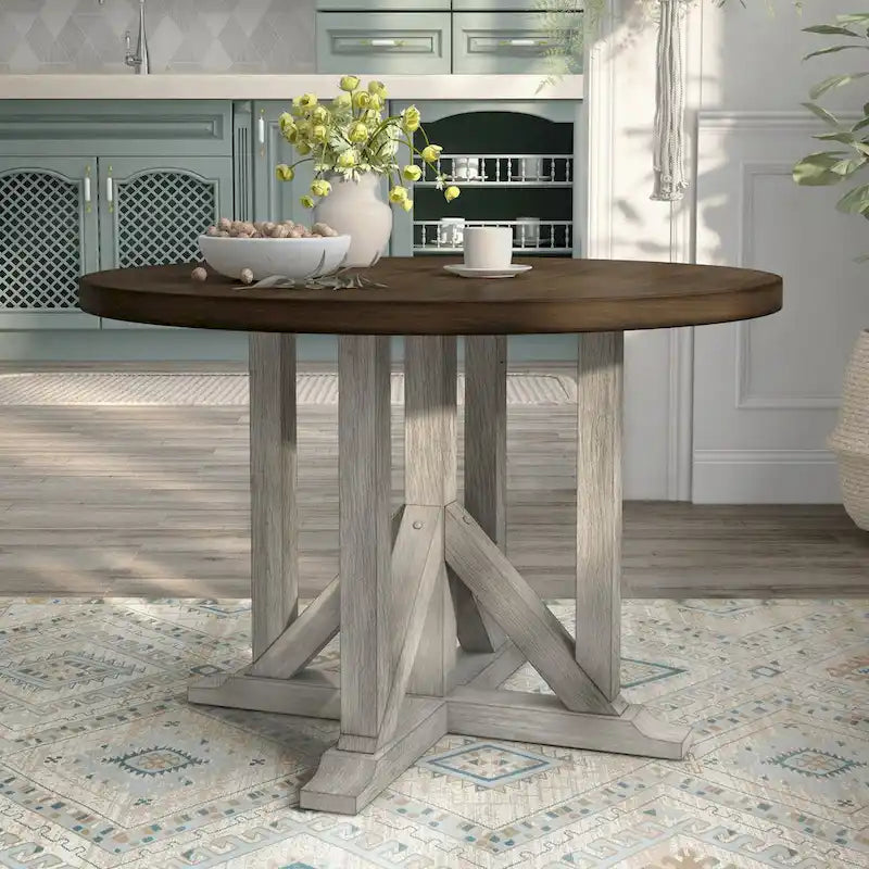 Table de salle à manger ronde en chêne foncé et blanc antique, 4 places