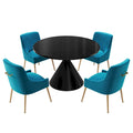 Table de salle à manger avec plateau en MDF laqué noir brillant 122 cm et chaises en velours — 4 à 6 places