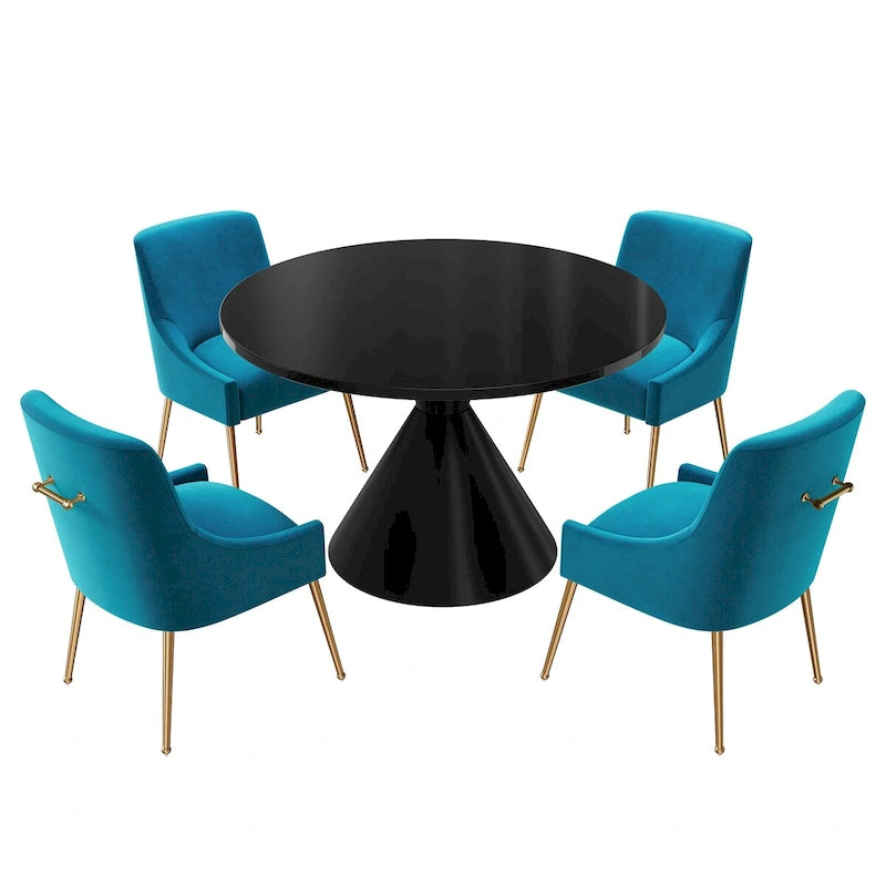 Table de salle à manger avec plateau en MDF laqué noir brillant 122 cm et chaises en velours — 4 à 6 places