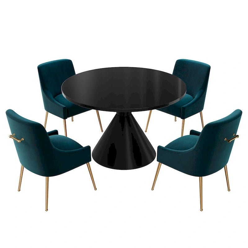 Table de salle à manger avec plateau en MDF laqué noir brillant 122 cm et chaises en velours — 4 à 6 places