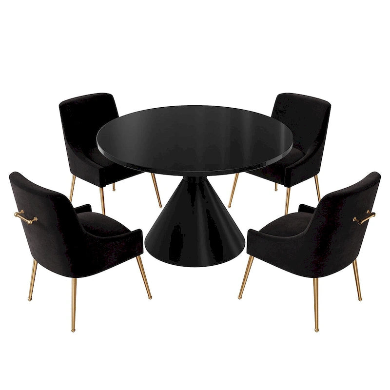 Table de salle à manger avec plateau en MDF laqué noir brillant 122 cm et chaises en velours — 4 à 6 places
