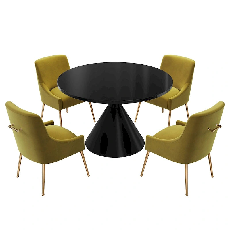 Table de salle à manger avec plateau en MDF laqué noir brillant 122 cm et chaises en velours — 4 à 6 places