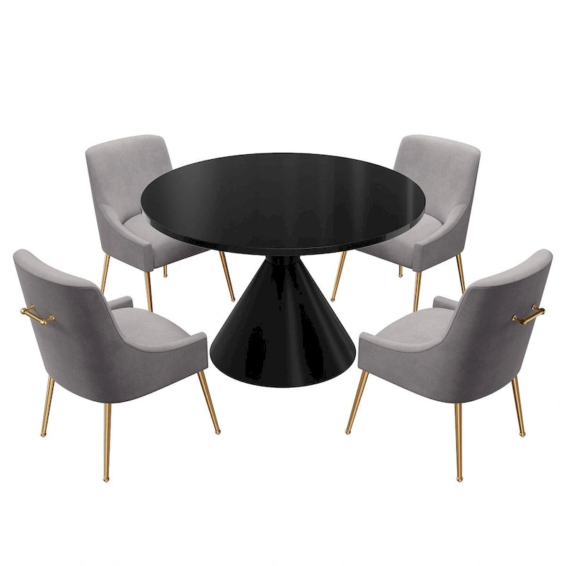 Table de salle à manger avec plateau en MDF laqué noir brillant 122 cm et chaises en velours — 4 à 6 places