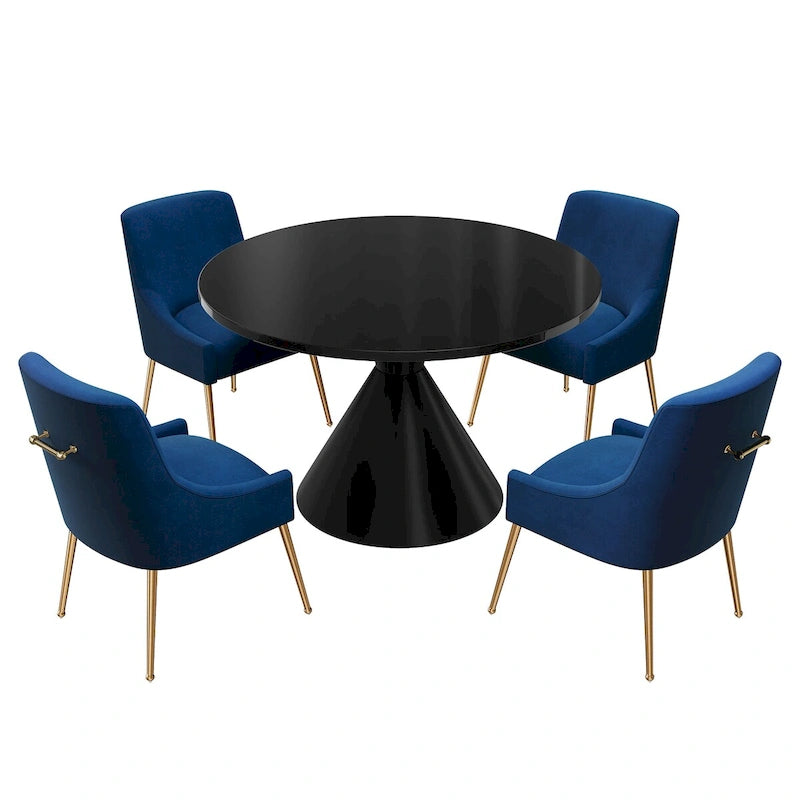 Table de salle à manger avec plateau en MDF laqué noir brillant 122 cm et chaises en velours — 4 à 6 places