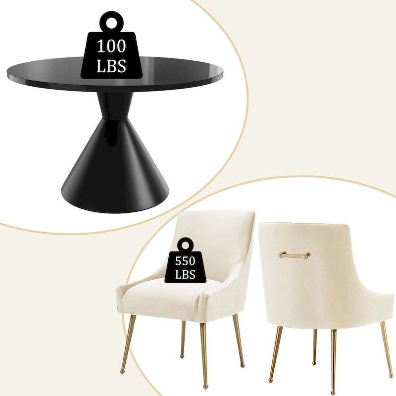 Table de salle à manger avec plateau en MDF laqué noir brillant 122 cm et chaises en velours — 4 à 6 places